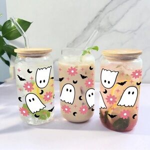 16 oz Ghost Floral Print Glass with Lid and Glass Straw